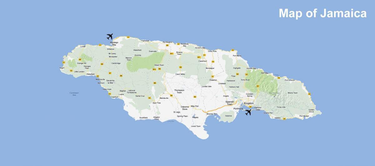 नक्शा जमैका के हवाई अड्डों और रिसॉर्ट्स