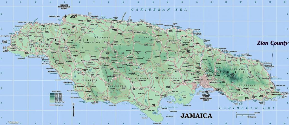 शारीरिक नक्शा जमैका के दिखा पहाड़ों